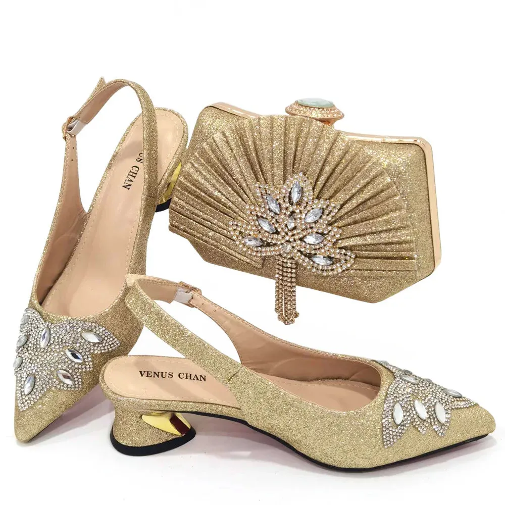 Women's Silver Mid Heels Frosted Crystal Shoes And Bag Set